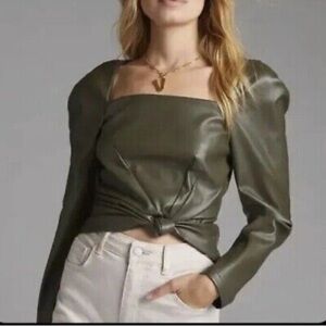 Anthropologie Hutch Olive Green Faux Leather Women's Puff sleeve Top NWT